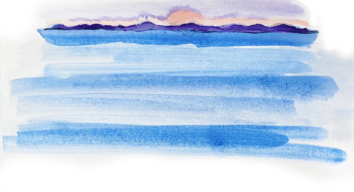 Aquarelle bleue de la mer et des collines de Bormes-les-Mimosas
